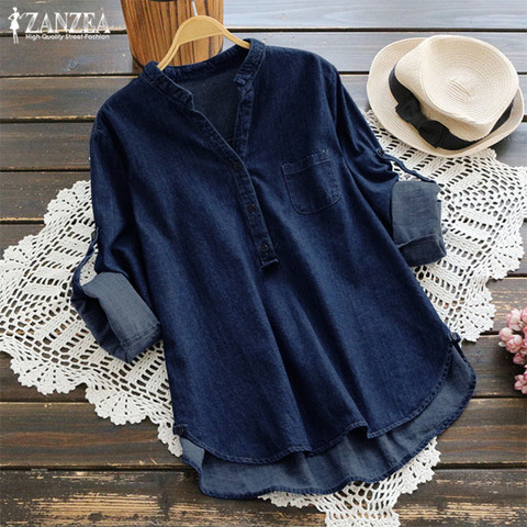 ZANZEA 2022 Women's Denim Blue Shirts Fashion Autumn Blouse Casual Button V Neck Long Sleeve Tops Plus Size Jean Tunic Blusa 5XL ► Photo 1/6