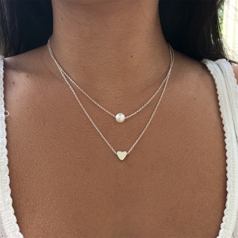 Hot Sale Fashion Sweet Double Layers Imitation Pearls Heart-shaped Droplets Pendants Necklaces Cheap Clavicle Jewelry For Women ► Photo 1/5