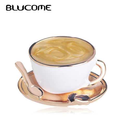 Blucome Fashion Coffee Cup Spoon Disc Shape Brooches White Enamel Gold Color Brooch Pins Women Men Clothes Suit Coat Accessories ► Photo 1/5