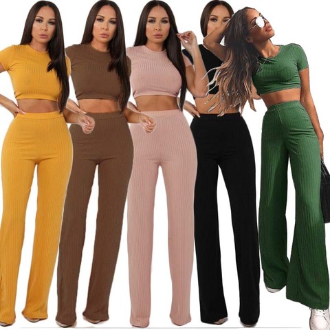 Women knitted long sleeve o-neck crop top wide leg pants 2 piece set for female women tops pants two pieces sets women's suits ► Photo 1/6