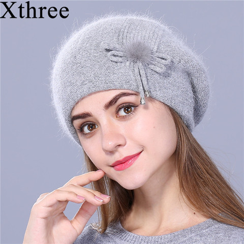 Xthree Winter beret hat for women knitted hat Rabbit fur beret for girl solid colors fashion lady cap good quality ► Photo 1/6