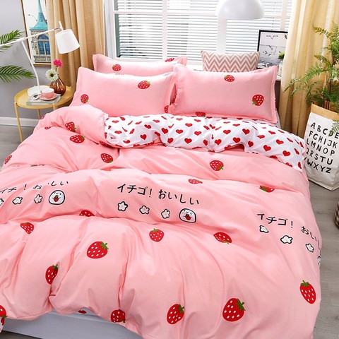 4pcs Pink Strawberry Kawaii Bedding Set, Luxury Queen Bed