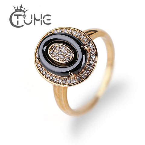 Fashion Black Ceramic Gold Wedding Rings For Women Jewelry Elegant Style 3mm Rhinestone Egg Shape Ring Crystal bagues pour femme ► Photo 1/6