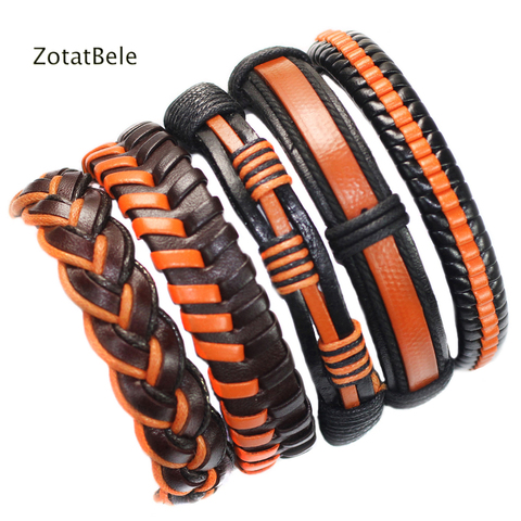 Wholesale bangle 5pcs/set Braided genuine orange leather bracelet men Multilayer Rope Bracelets pulseira masculina F30 ► Photo 1/3