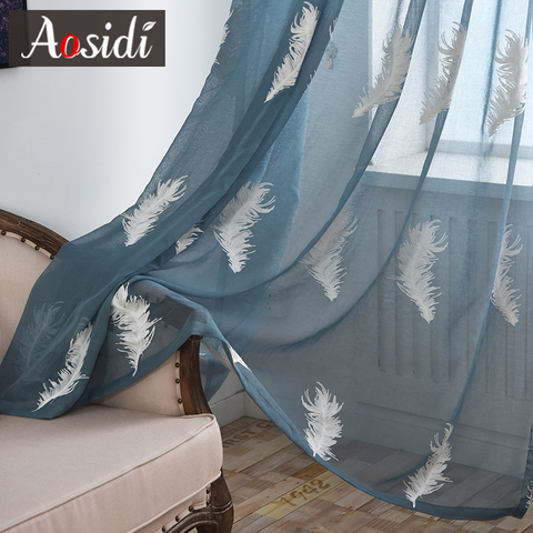 White feather embroidered window tulle curtains for living room bedroom Modern blue sheer curtains Embroidery voile curtains 3D ► Photo 1/6