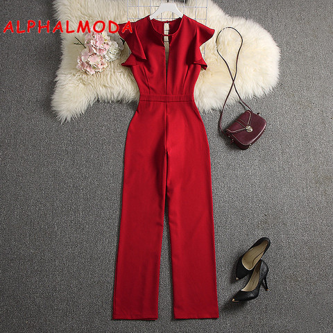 ALPHALMODA 2022 Summer Women Deep V-neck Sexy Jumpsuits Solid Color Straight Full Length Pants Ladies Party Overall Outfit ► Photo 1/6
