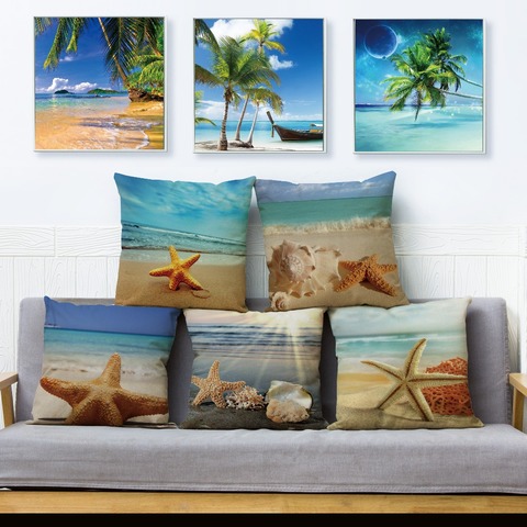 Beach Scenery Seashells Starfish Cushion Cover for Sofa Home Decor Throw Pillowcase Print Scenic Pillow Case Linen 45*45cm ► Photo 1/6