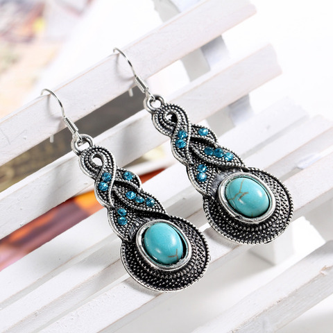 MINHIN Vintage Drop Dangle Earrings for Women Blue Beads Pendant Charming Silver Color Earrings Party Jewelry ► Photo 1/6