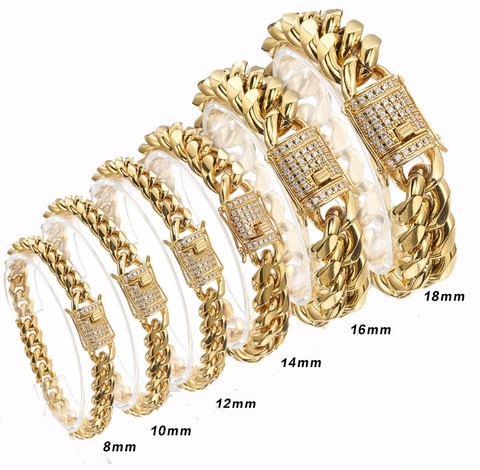 2022 New Arrival 8/10/12/14/16/18mm Stainless Steel Miami Curb Cuban Chain Crystal Bracelet Casting Lock Clasp Mens Link jewelry ► Photo 1/6