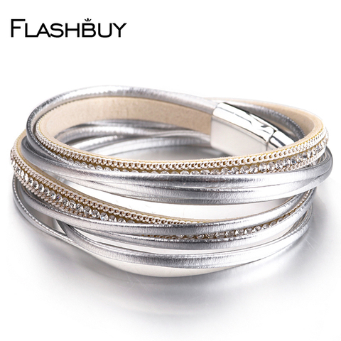 FLASHBUY Rhinestones Leather Bracelets for Women Simple Multilayer Magnet Wrap Bangles Fashion Costume Jewellery Gift ► Photo 1/6