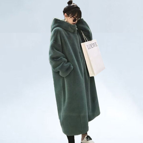 Winter Women Warm Fluffy Fur Hooded Cape Cloak Long Coat Plush Outerwear Poncho