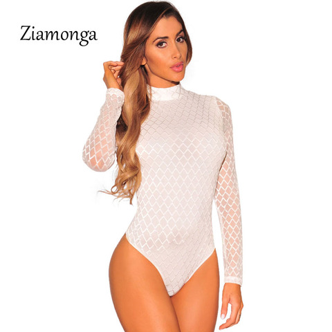 Ziamonga 2022 Brand Sexy Bodysuit Jumpsuit Romper Women Black White Hollow Long Sleeve Mesh Bodycon Jumpsuits Stretch Body Femme ► Photo 1/6