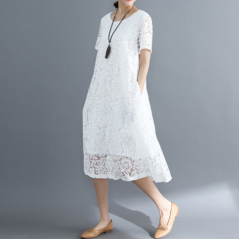 Summer Dress Women vintage 2022 white casual loose A-Line red Dresses elegant lace Hollow Out Fashion black ladies dress ► Photo 1/6