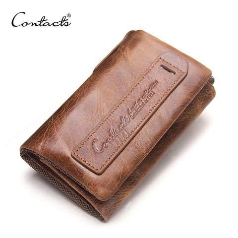 CONTACT'S 2022 Vintage Crazy Horse Leather Men Wallets Hasp Design Cowhide Key Purse Genuine Leather Coin Pocket For Man Wallet ► Photo 1/6