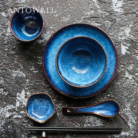 ANTOWALL 5pcs/set European Style Blue Ceramic Tableware Plate Rice Bowl Cup Sauce Dish 1 Person Dinner Set ► Photo 1/5