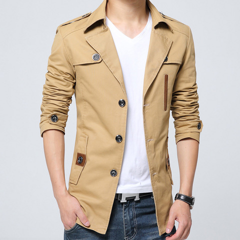 Autumn Pure Cotton Trench Coat Men New Wash Windbreaker Overcoat Slim Long Coat Turn Down Collar Casual Jacket Blue Zoeva ► Photo 1/6