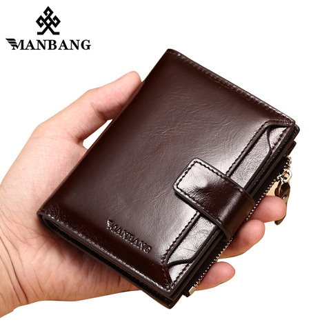 ManBang Genuine Leather Men Wallets Fashion Trifold Wallet Zip Coin Pocket Purse Cowhide Leather man wallet high quality ► Photo 1/6