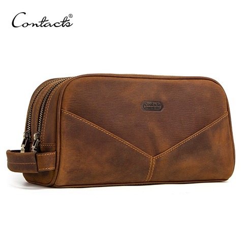 CONTACT'S genuine leather cosmetic bag for men vintage crazy horse leather man make up bags small travel bags male toiletry bag ► Photo 1/6