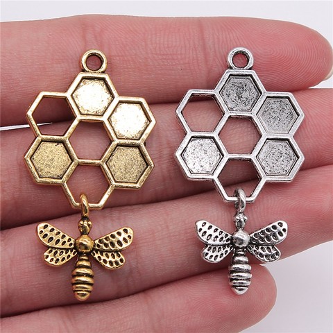 WYSIWYG 3pcs 46x25mm Honey Bee Charm Antique Silver Color Antique Gold Color Honey With Bee Pendants Honey Bee Pendant ► Photo 1/6