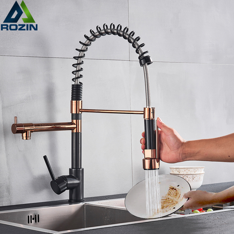 Rozin Black and Rose Golden Spring Pull Down Kitchen Sink Faucet  Hot & Cold Water Mixer Crane Tap with Dual Spout Deck Mounted ► Photo 1/6