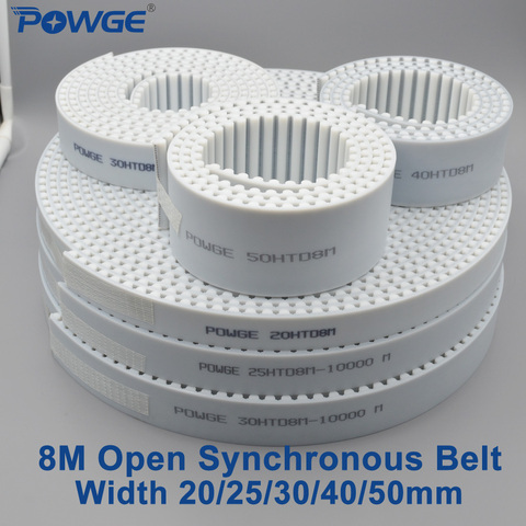 POWGE Arc Tooth PU White HTD 8M Open Timing belt Width 20/25/30/40/50mm Polyurethane steel 8M-30mm HTD8M Synchronous Belt pulley ► Photo 1/6