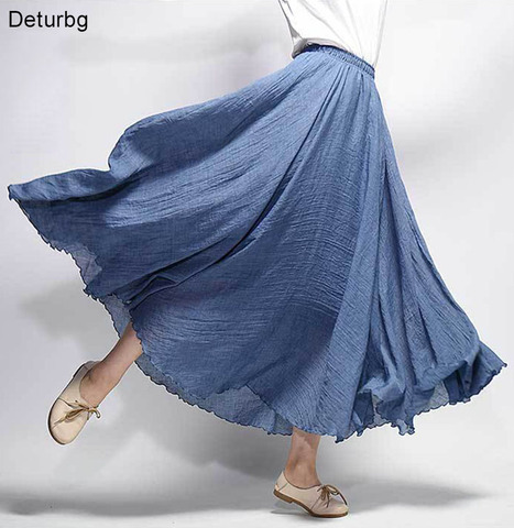 Women's Elegant High Waist Linen Maxi Skirt 2022 Summer Ladies Casual Elastic Waist 2 Layers Skirts saia feminina 20 Colors SK53 ► Photo 1/6