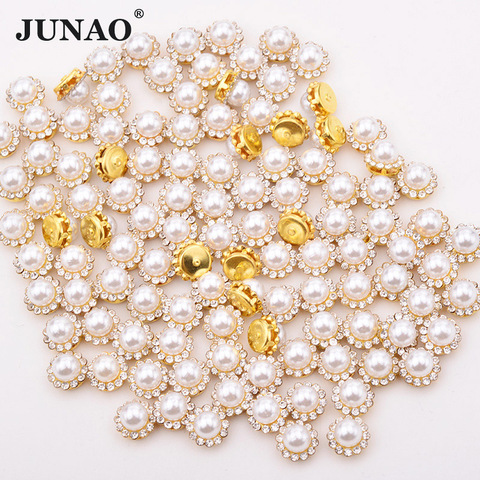 JUNAO 8 10 12 mm White Pearl Sewing Rhinestone Round Acrylic Stones Applique Gold Claw Pearl Beads Flower Pearls for DIY Clothes ► Photo 1/6
