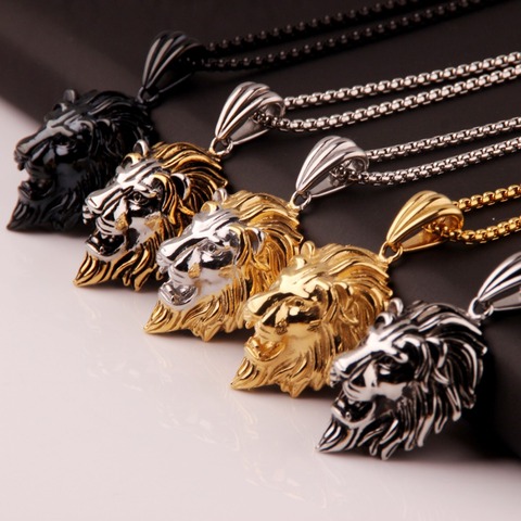 Cool Trendy Stainless Steel Silver Color Gold Color Black Tone Lion Head Pendant Necklace Mens Unisexs Box Chain24