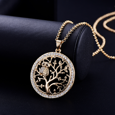 Small Owl Necklace Tree Of Life Pendant Rose Gold Women Sweater Chain Crystal Long Necklaces & Pendants Statement Jewelry Bijoux ► Photo 1/6