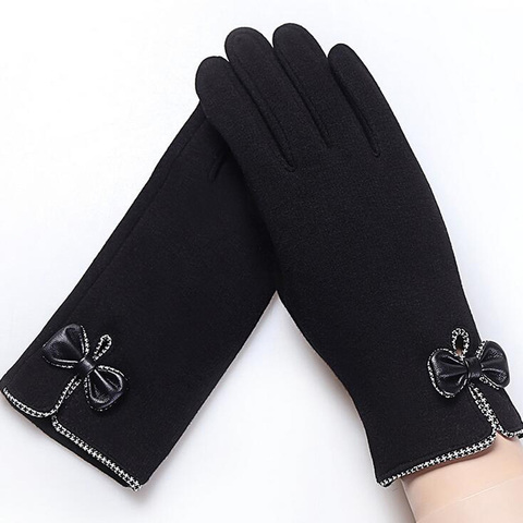 High Quality Fashion Elegant Women Touch Screen Glove Winter Female Lace Warm Cashmere Bow Full Finger Mittens Wrist Guantes 16E ► Photo 1/4