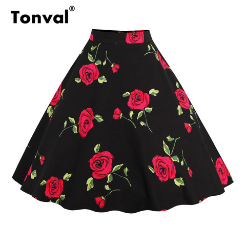 Tonval Floral Vintage Plus Size Swing Skirt Retro Flowers Print Midi Skirts Womens High Waist Cotton A Line Skirt ► Photo 1/6