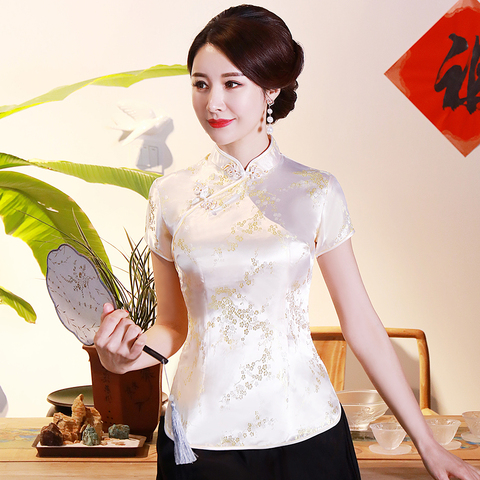 SEXY Flower Women Vintage Satin Blouse Oversize 3XL 4XL Lady Shirt Chinese Traditional Clothing Summer Short Sleeve Tops 04310 ► Photo 1/6