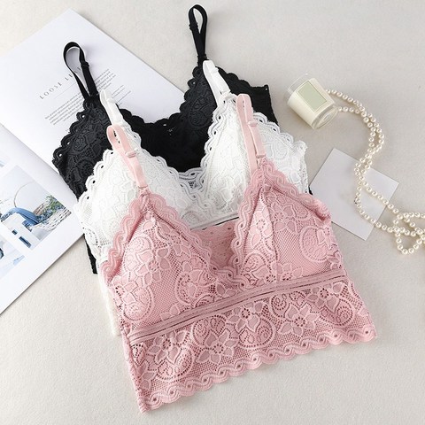 Women Fashion Wireless Bra Padded Bralette Deep V Lace Bras Summer Crop Top Embroidery Floral Tank Top ► Photo 1/6