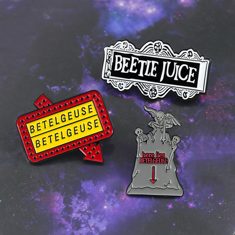 Horror Beetle Juice Brooch Tombstone Ghost Here Lies BETELGEUSE Dark Gothic Enamel Pin Badge Comedy Movie Fan Halloween Jewelry ► Photo 1/6