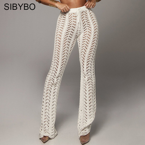 Sibybo Hollow Out Knitted High Waist Sexy Pants Women Fashion Crochet Loose Autumn Trousers Women Cotton Casual Ladies Pants ► Photo 1/6