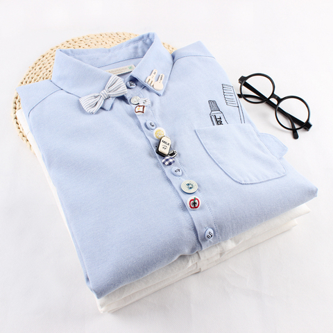 MUMUZI preppy style cotton cartoon blouse mori girl white and light blue cute shirts japanese autumn and winter patches tops ► Photo 1/6