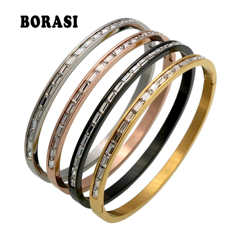 New 1 Rows Crystal Gold/Rose Gold/Silver Color Stainless Steel Bangle Cuff Love Bracelets & Bangles Women Open Wedding Jewelry ► Photo 1/5