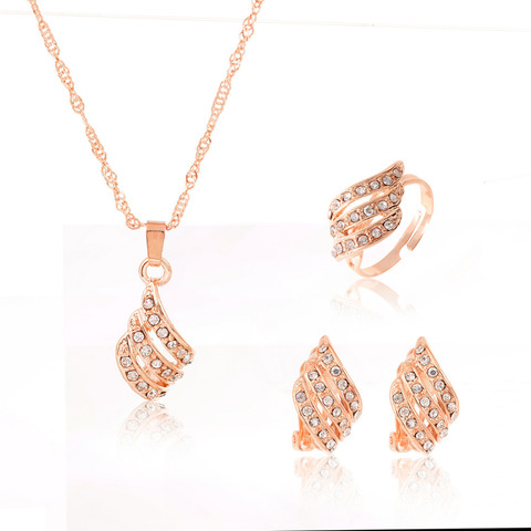 Hot Selling Gold Color Clear Shining Leaves Austria Crystal Necklace Earrings Ring Set Wedding Bridal Jewelry Set For Women ► Photo 1/4