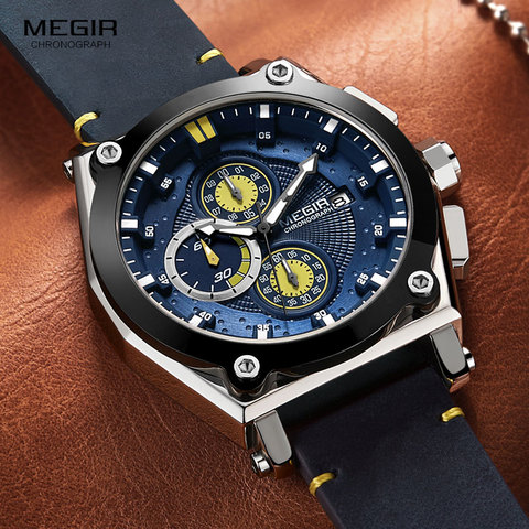 Megir Men's Leather Strap Quartz Watches Army Sports Chronograph Waterproof Wristwatch for Man Luminous Relogios Clock 2098 Blue ► Photo 1/1