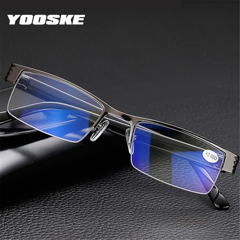 YOOSKE Blue Film Resin Reading Glasses Men Women Metal Half Frame Hyperopia Eyeglasses +1.0 1.52.02.5 3.0 3.5 4.0 Diopter ► Photo 1/6