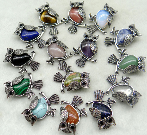 Vintage Silver Plated Owl  Natural Stone Opal tiger eye aventurine lapis Brooch For Women Charms Jewelry Brooches pendant 1pcs ► Photo 1/6