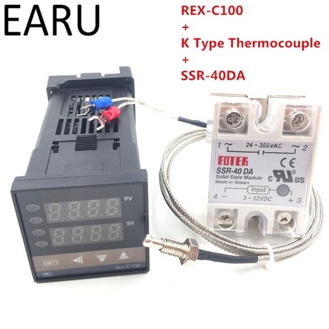 RKC Digital PID Temperature Controller Thermostat REX-C100 + Max 40A SSR SSR-40DA Relay + K Thermocouple M6 Probe High Quality ► Photo 1/6