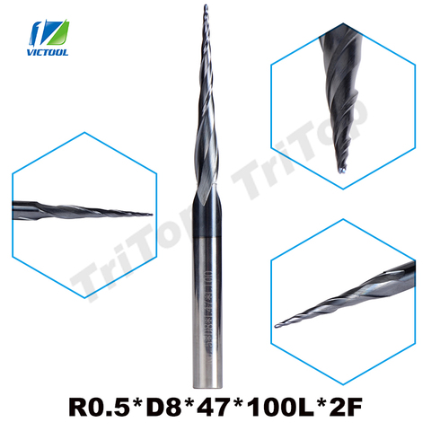 1pc R0.5*D8*47*100L*2F Tungsten Carbide Router Bits Ball Nose Cone Type Tapered End Mill 8mm Shank CNC Milling Cutter Tools ► Photo 1/6