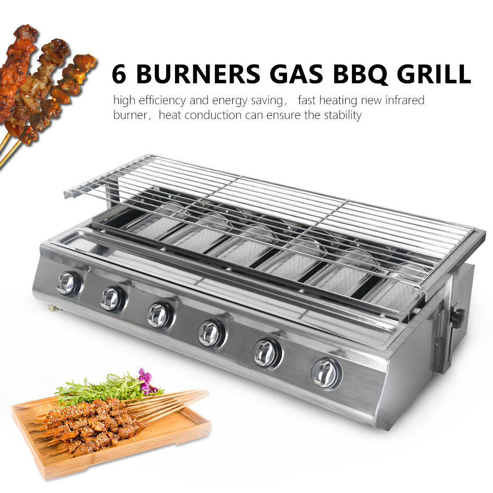 LPG 6 Burners Gas BBQ Grill Steel Shield/Glass Shield Stainless Steel Smokeless 
