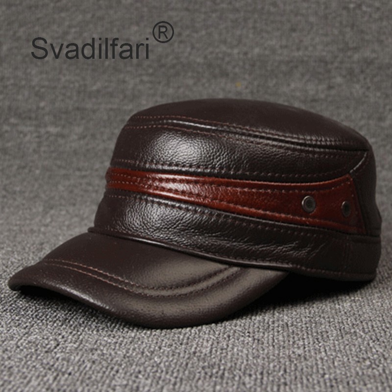 Men's Ear Hat 100% Genuine Leather Hat Winter Warm Cowhide Baseball Cap Hats
