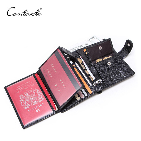 CONTACT'S Genuine Leather men passport wallet with metal hasp zipper big Coin pocket Business male trifold purse card holder ► Photo 1/6