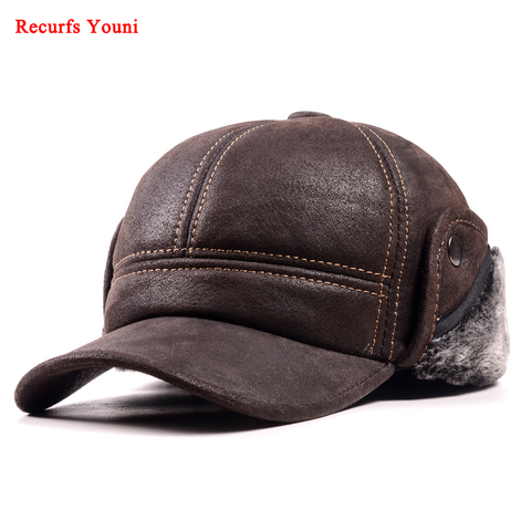RY9100 Male Winter Genuine Leahter Suede Bomber Hat Man Nubuck Thick Head Warm Dome Caps Elder Black/Brown sewing Fitted Gorras ► Photo 1/6
