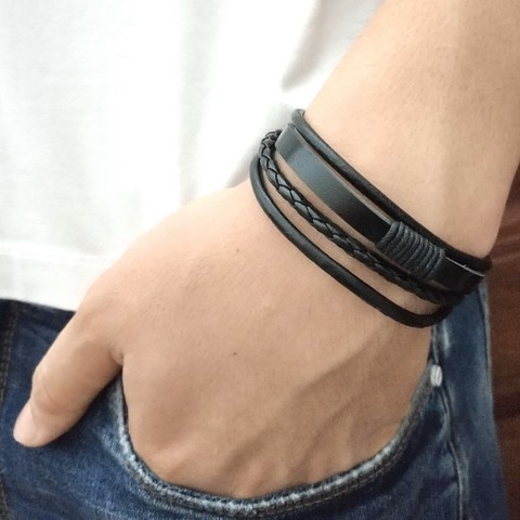 Fashion Mens Brown Leather Bracelet Wristband Punk Bangle Chain Charm Jewelry