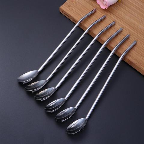 6 Pcs/Pack Stainless Steel Oval Shape Metal Drinking Spoon Straw Reusable Straws Cocktail Spoons Set(Primary Color) ► Photo 1/6