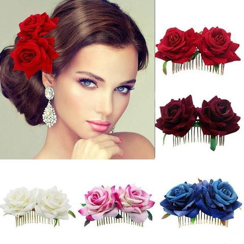 Women Chic Red Rose Flower Hairpins Bridal Pretty Jewelry Wedding Hair Accessory
